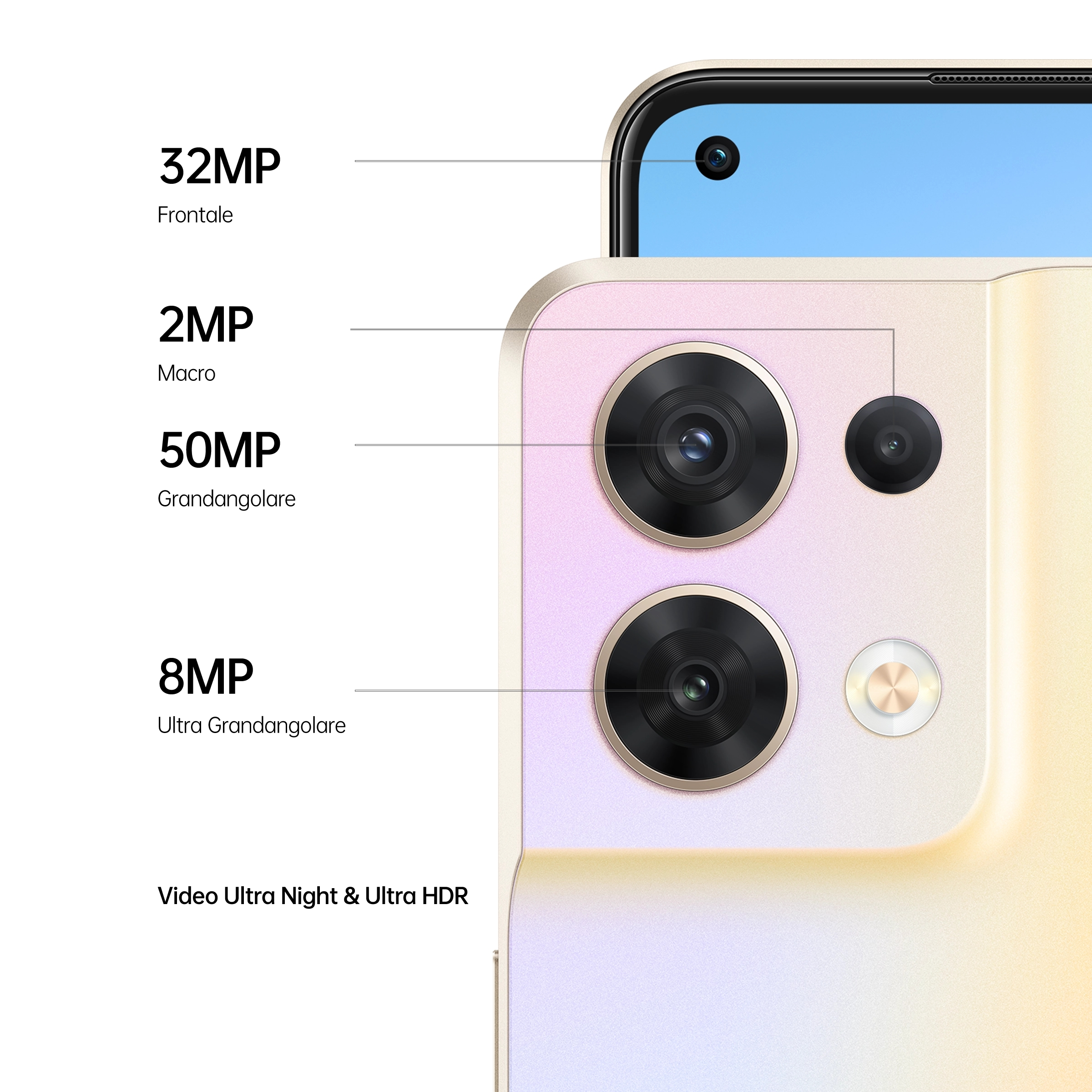 Smartphone-Rückseite mit vier Kameras und Beschriftungen, Nahaufnahme, Creme und Gold.