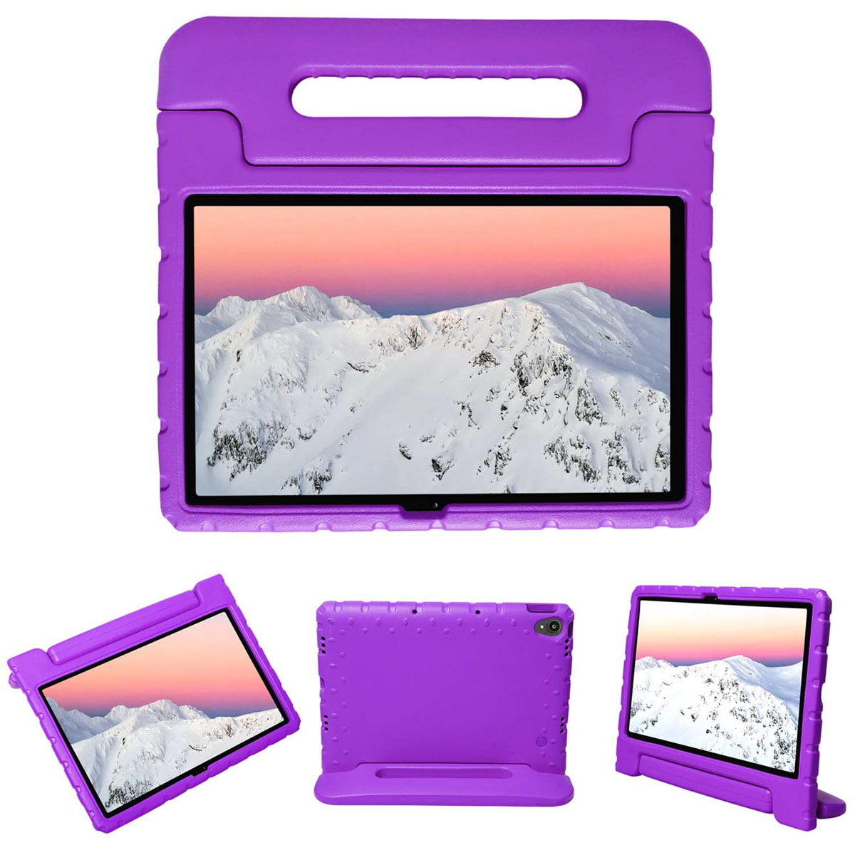 Paarse tabletcase met handvat en standaard. Verschillende aanzichten.