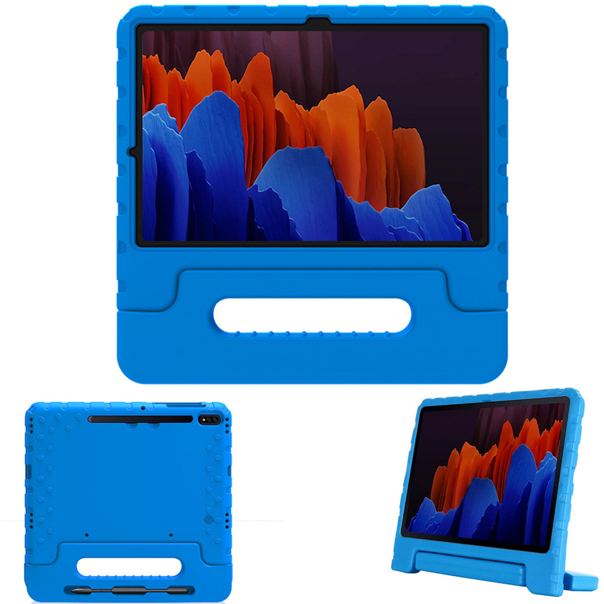 Blauwe tablethoes met een tablet erin. Meerdere weergaven van de hoes worden gepresenteerd.