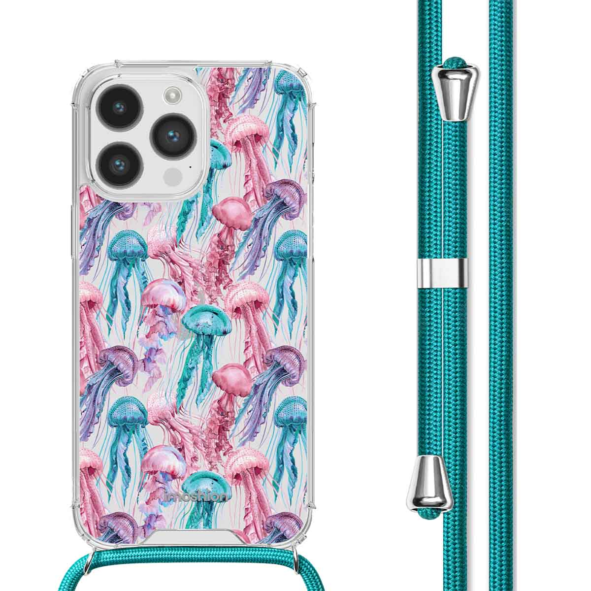 Telefoonhoesje met kwallenpatroon en teal koord.