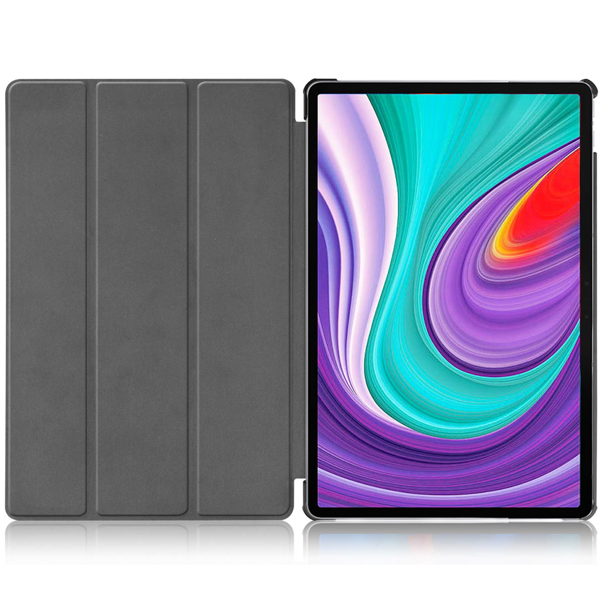 Gray tablet case open, revealing tablet with colorful abstract wallpaper. The tablet is in the center.