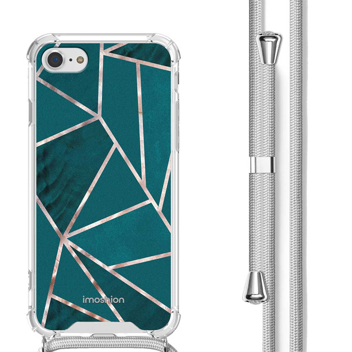 Een telefoonhoesje met een geometrisch patroon en een koord.