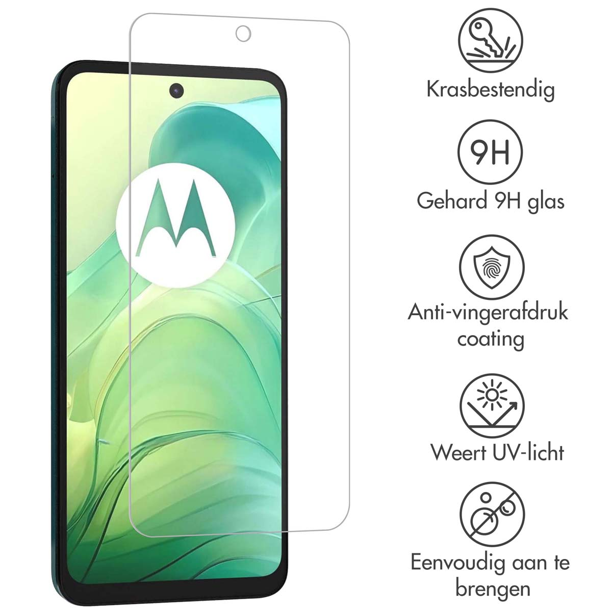 Een telefoon met een schermbeschermer. Verschillende pictogrammen worden getoond.