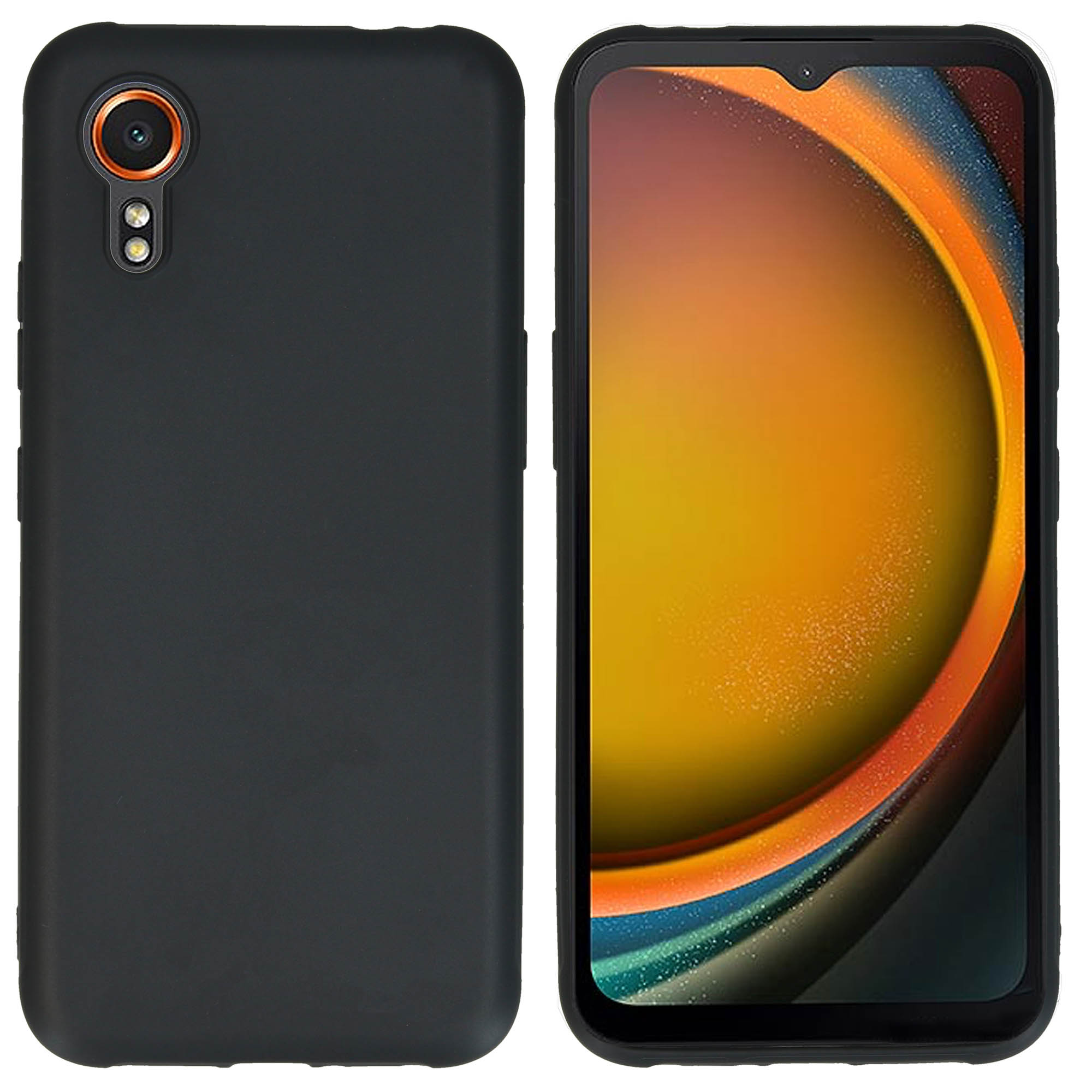 Custodia nera con ritaglio fotocamera, telefono a destra con schermo arancione e giallo.