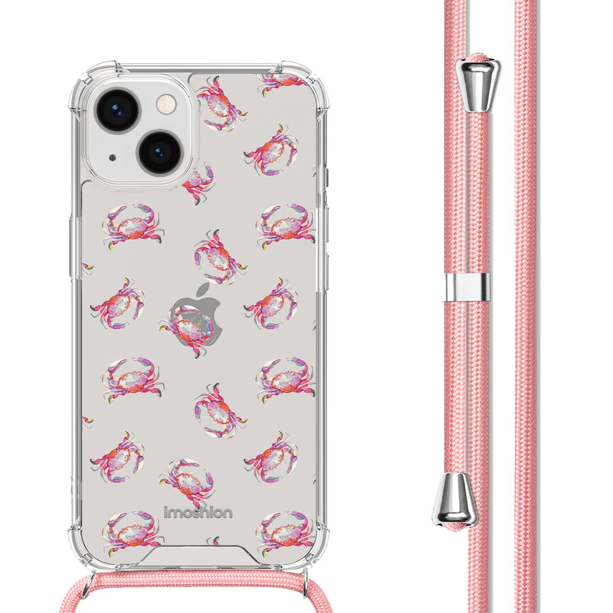Transparant telefoonhoesje met krabbenpatroon en een roze telefoonriem.