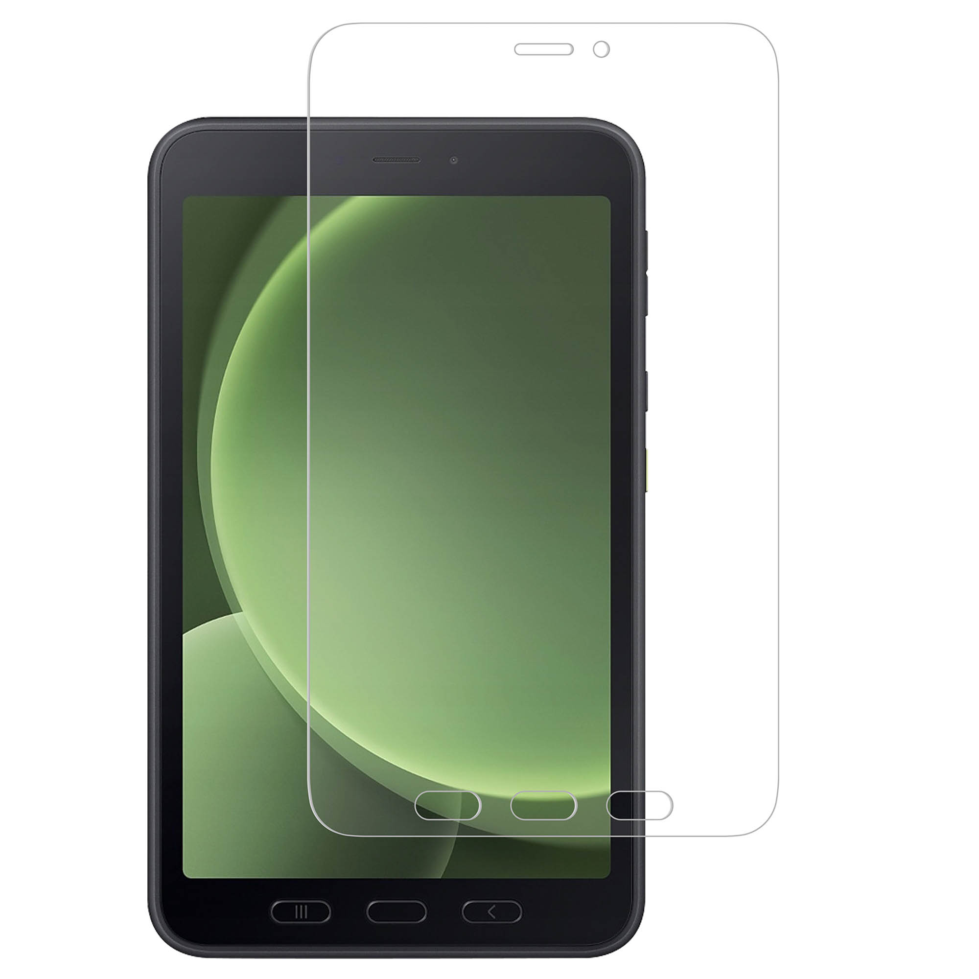 Tablet con protezione schermo applicata, sfondo verde visibile attraverso lo schermo.