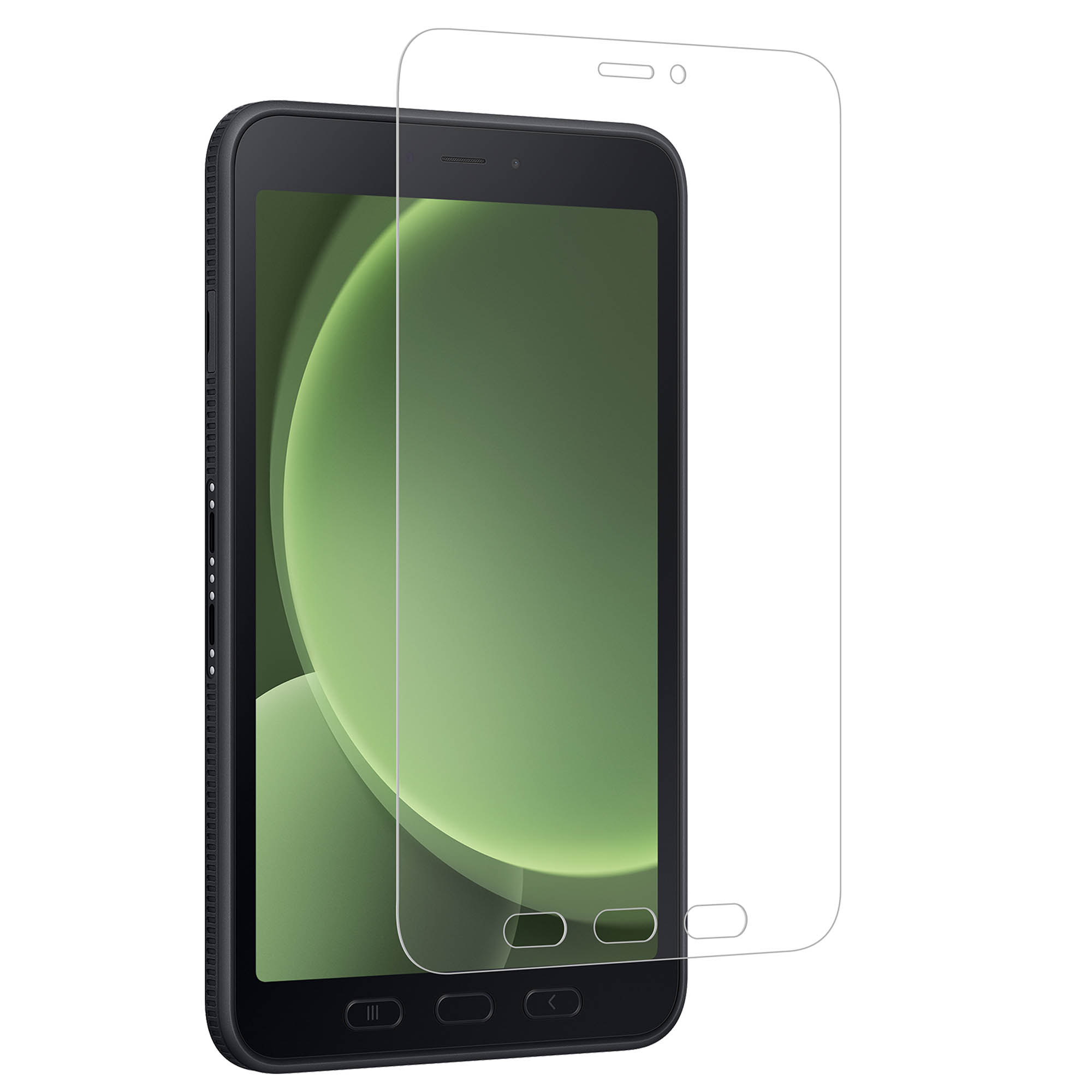 Tablet nero con protezione schermo. Il tablet è nero con uno sfondo verde sullo schermo.