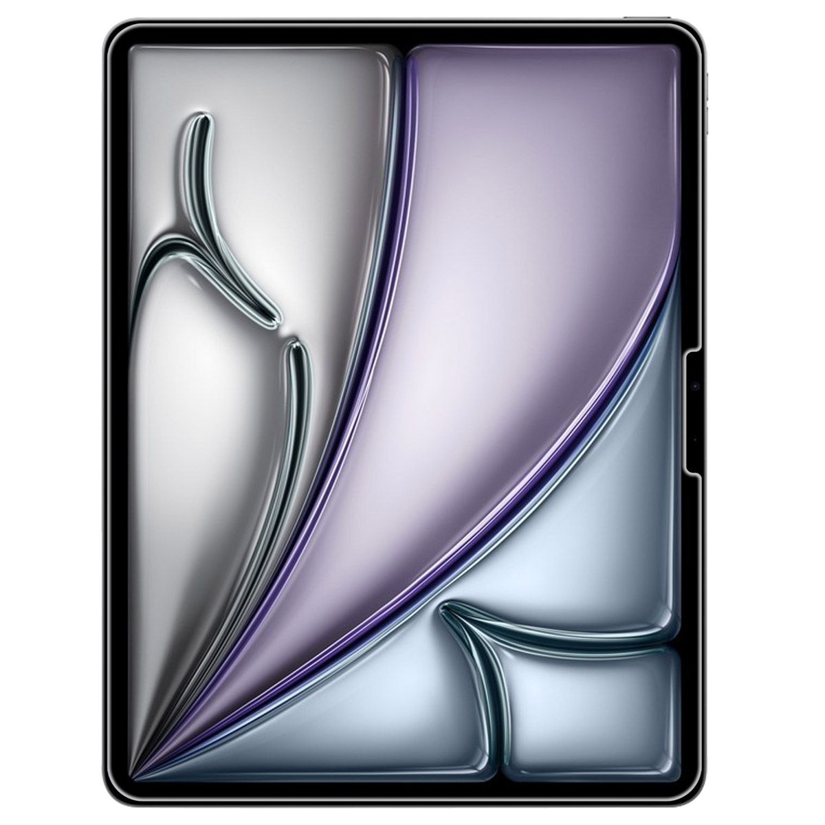 Tablet con un design astratto lucido in argento, viola e azzurro.