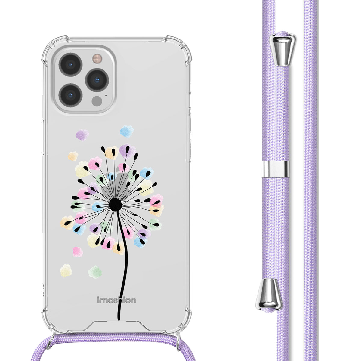 Coque de téléphone transparente avec motif de pissenlit et lanière lavande.