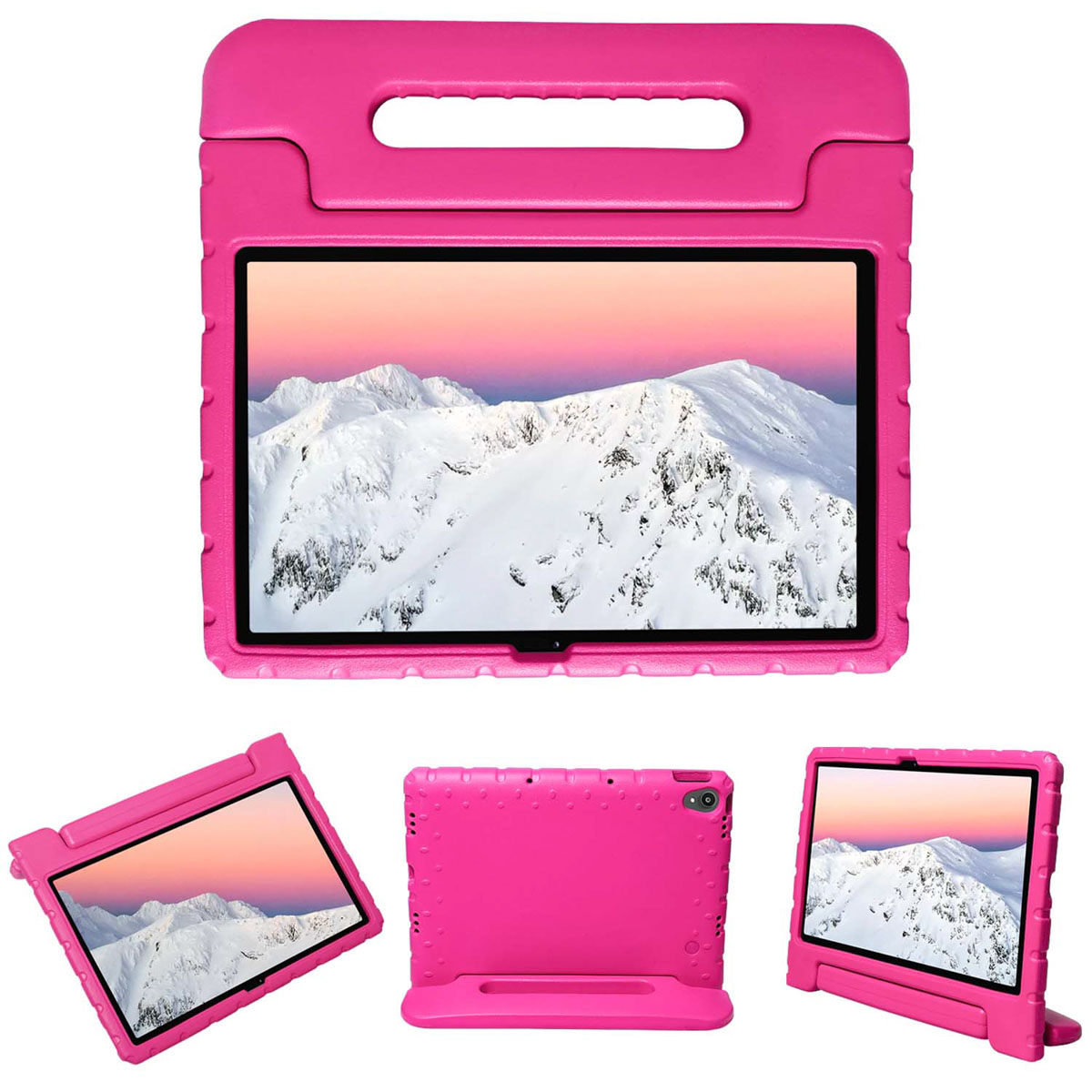 Roze tablethoes met handvat. Scherm toont besneeuwde berglandschap.