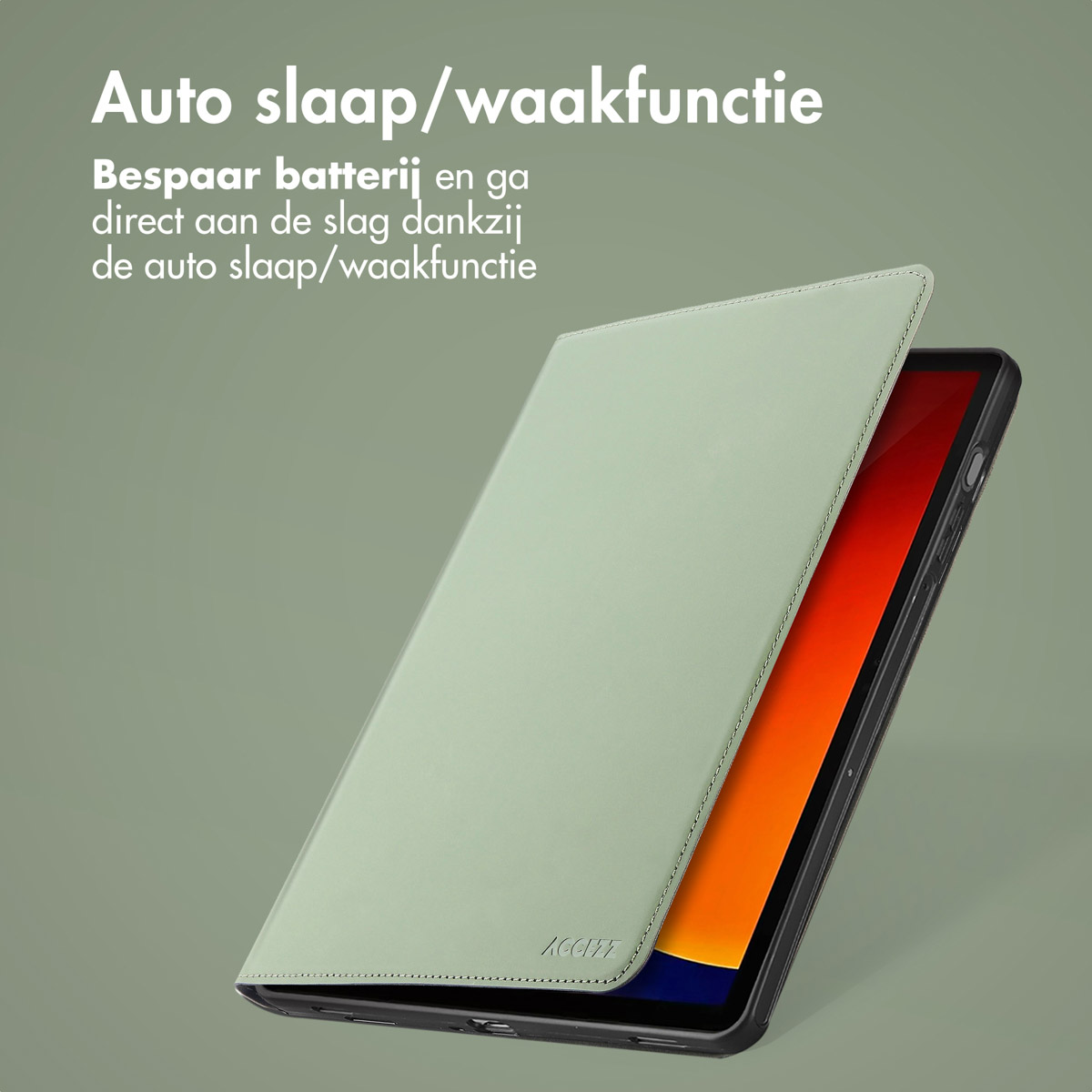 Light green tablet case with auto sleep function and text on olive background.