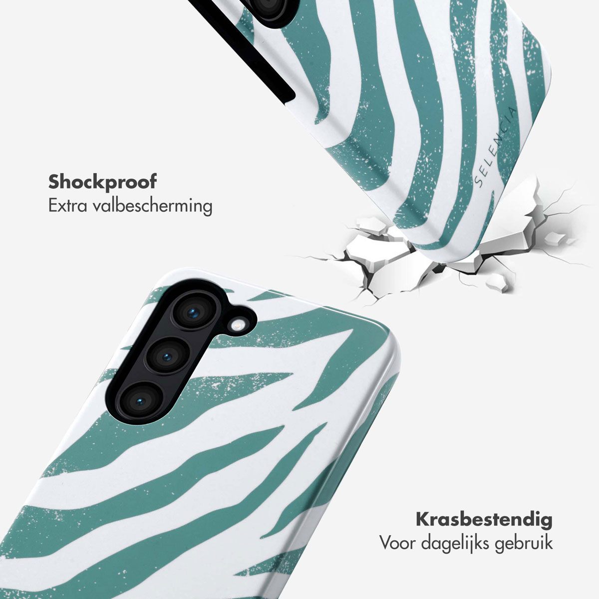 Coque de téléphone avec rayures zébrées. Texte sur antichoc. Blanc et vert. Fond blanc.