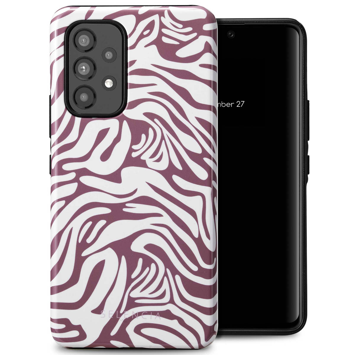 Coque de téléphone avec un motif zébré. La coque a un motif violet et blanc. Le téléphone est noir.