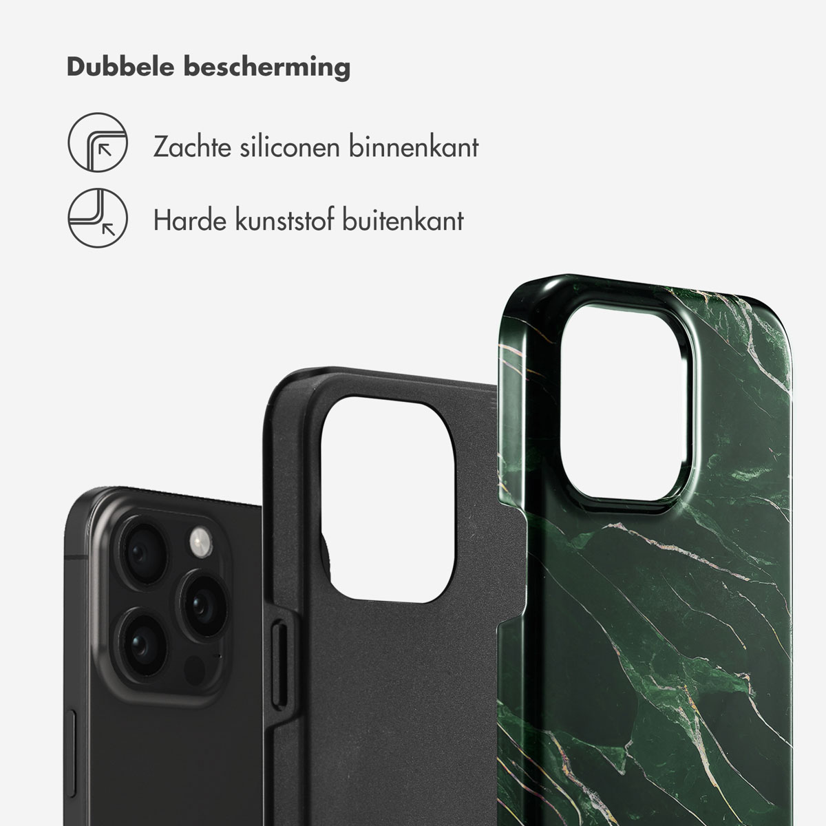 Drie telefoonhoesjes: één zwarte, twee met marmerpatroon, links en rechts.