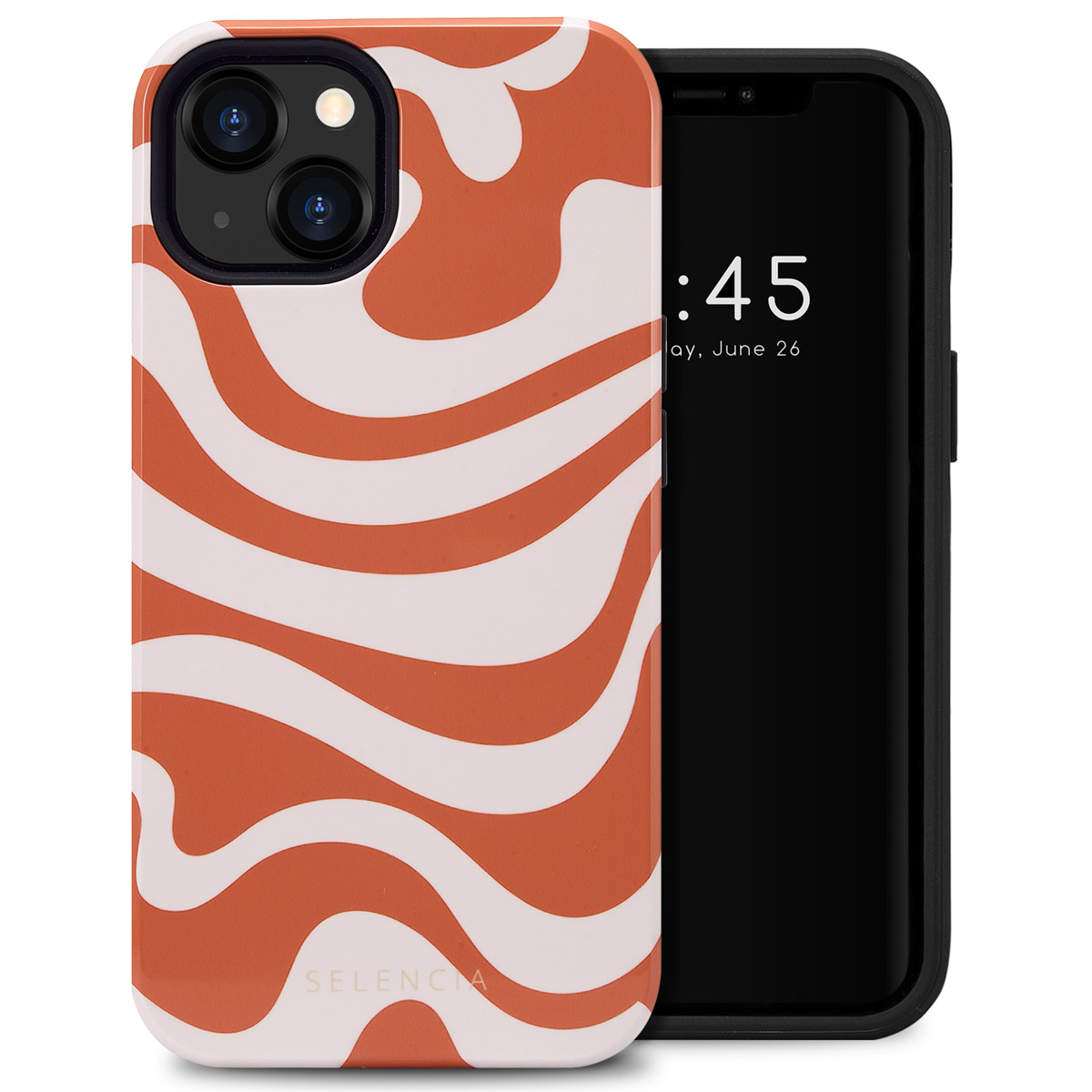 Coque de téléphone à motifs ondulés orange et blancs sur smartphone noir, affichant l'heure.