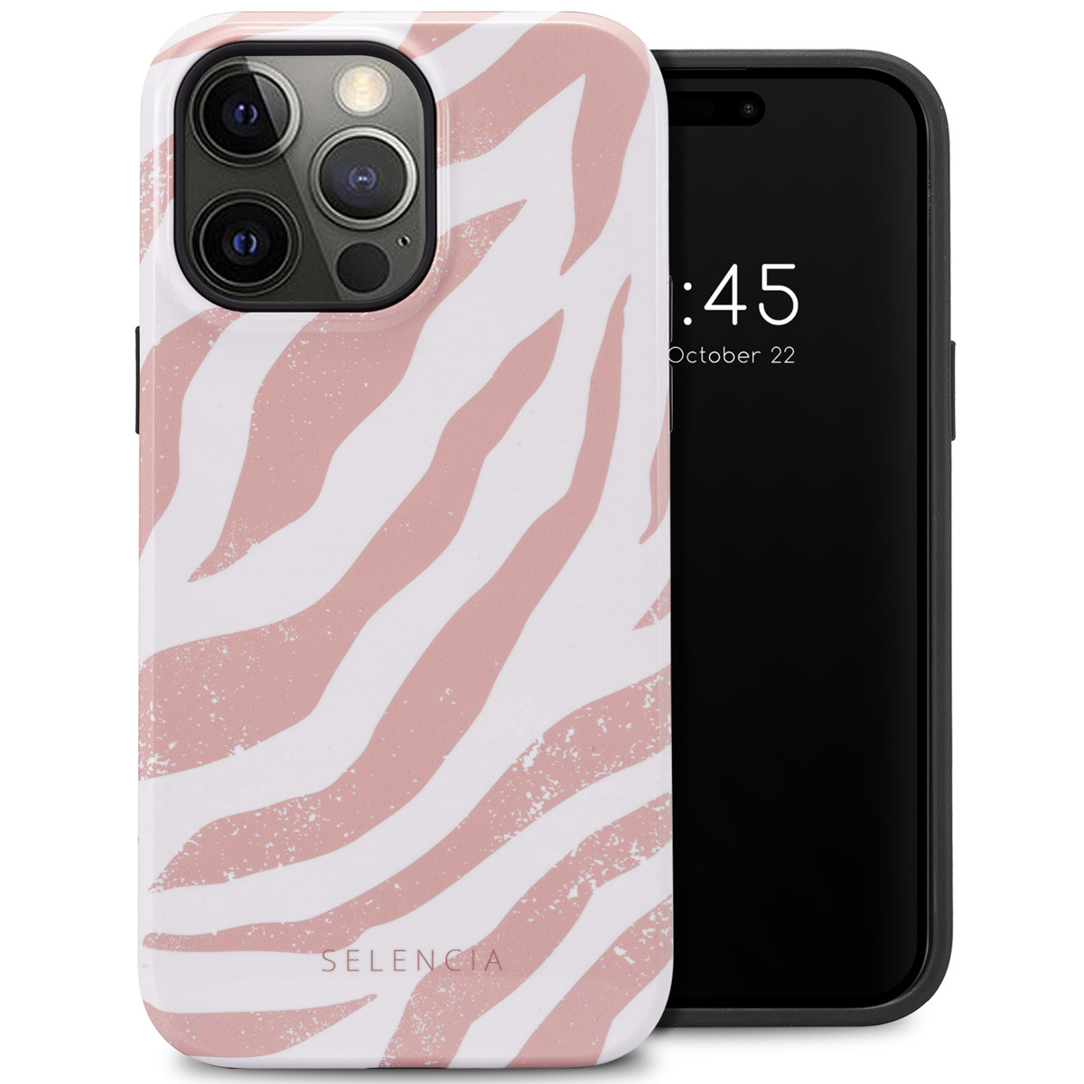 Telefoonhoesje met witte achtergrond en roze zebra strepen. Rechts een telefoon.