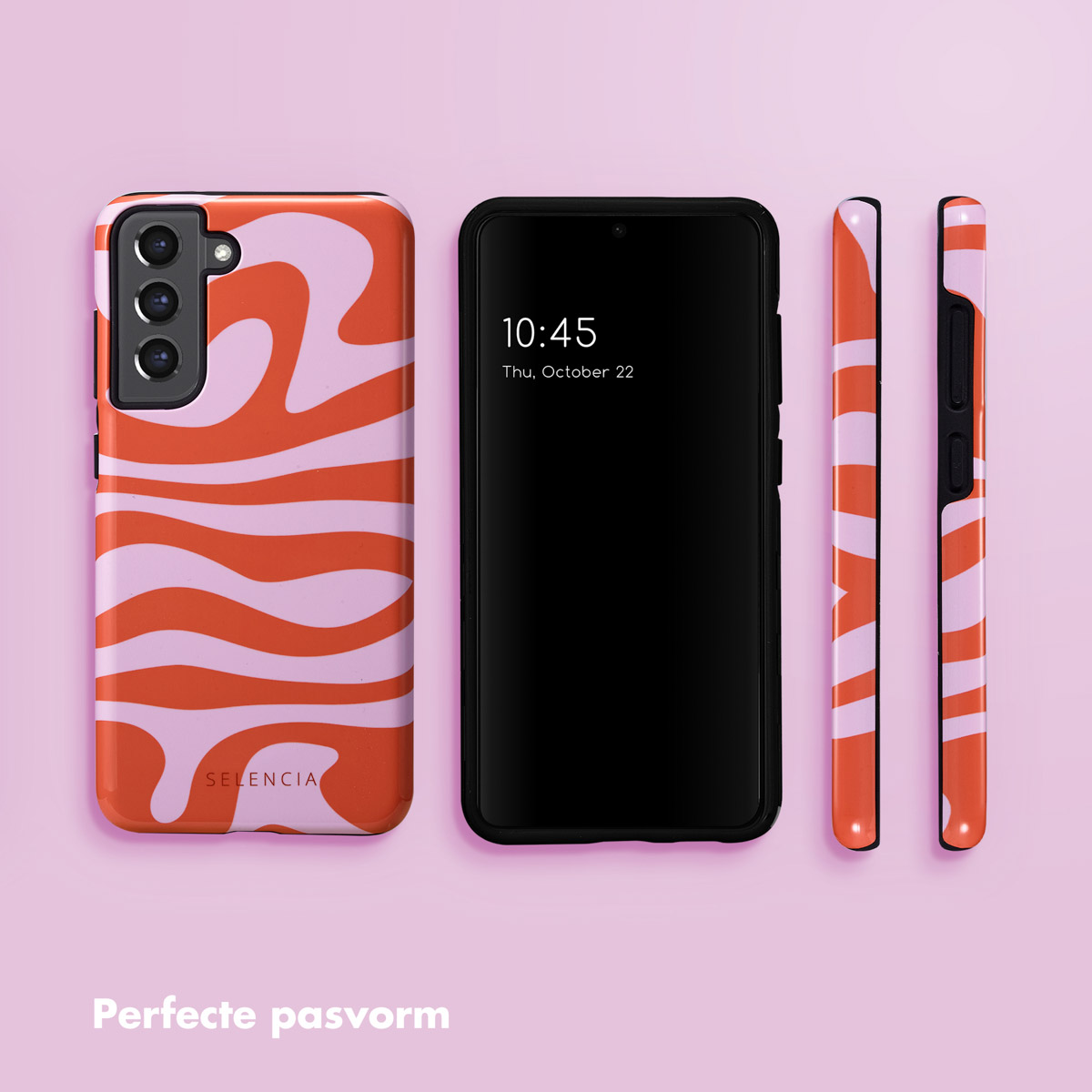 Uno smartphone con una cover a righe arancioni e rosa accanto.