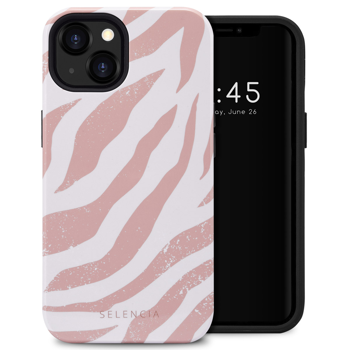 Téléphone dans étui zébré, la date à l'écran est le 26 juin. Fond blanc.
