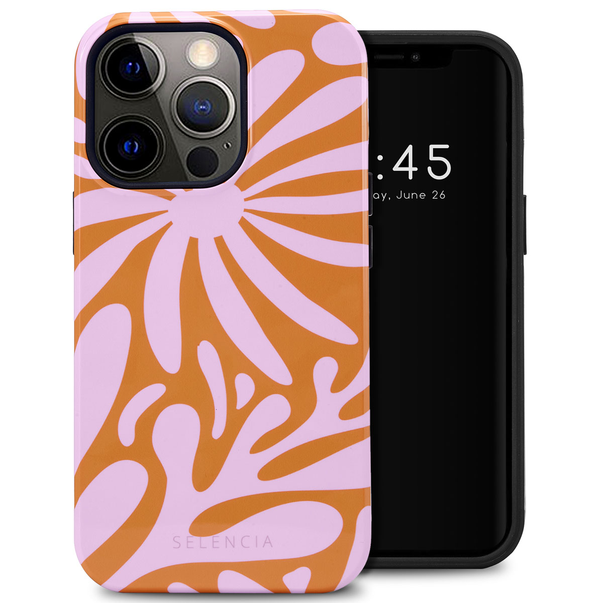 Custodia per telefono con motivo floreale. La custodia ha un motivo arancione e rosa. Il telefono è nero.