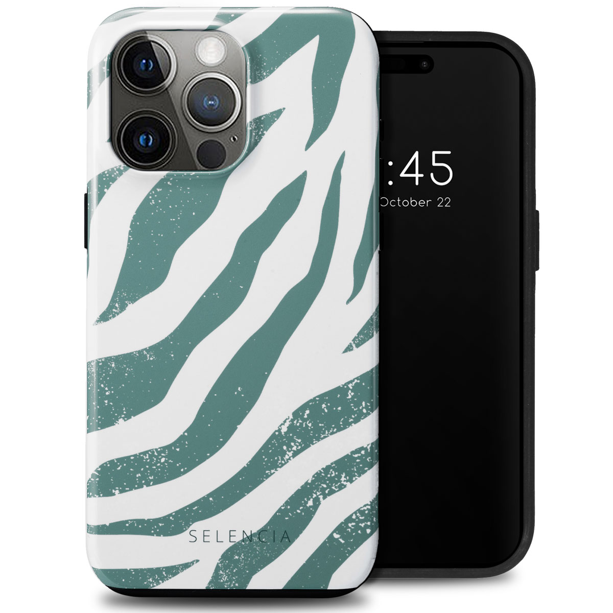 Een iPhone met een groen-witte zebra gestreepte hoes, met de tijd 1:45 op 22 oktober.
