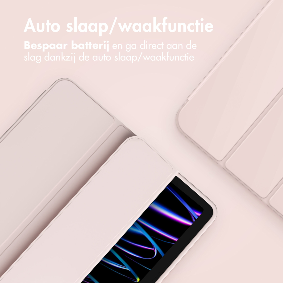 Tablet cover open, showing the screen. The cover is light pink and has auto sleep/wake function.