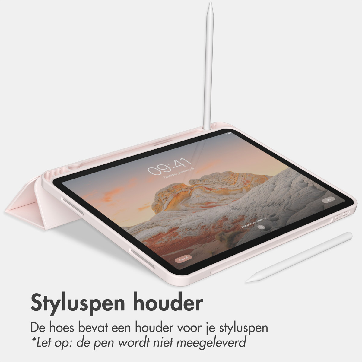 Light pink tablet case with an attached stylus and a stylus on the side.