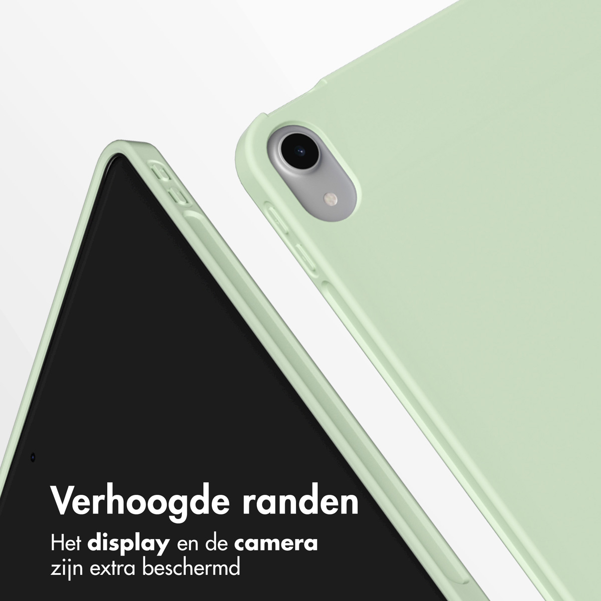 Groene tablethoes met een tablet erin. Tekst over verhoogde randen voor extra bescherming.
