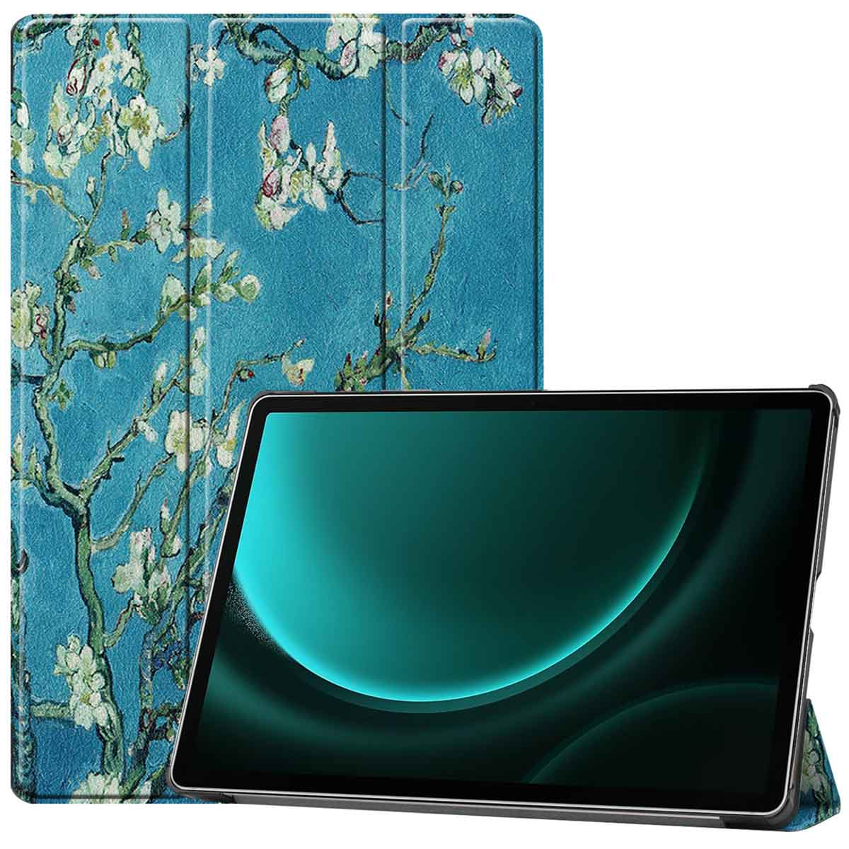 Tablet met bloemenhoes en blauwgroene achtergrond. Het scherm is aan.