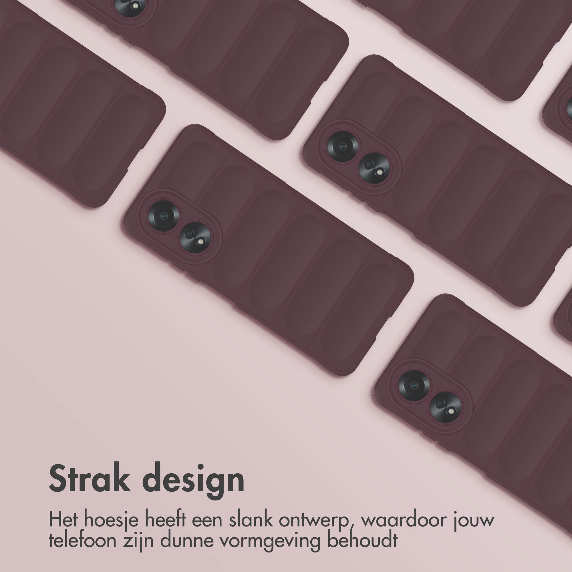 Meerdere bordeauxrode telefoonhoesjes op een oppervlak geplaatst. De hoesjes hebben een strak design.