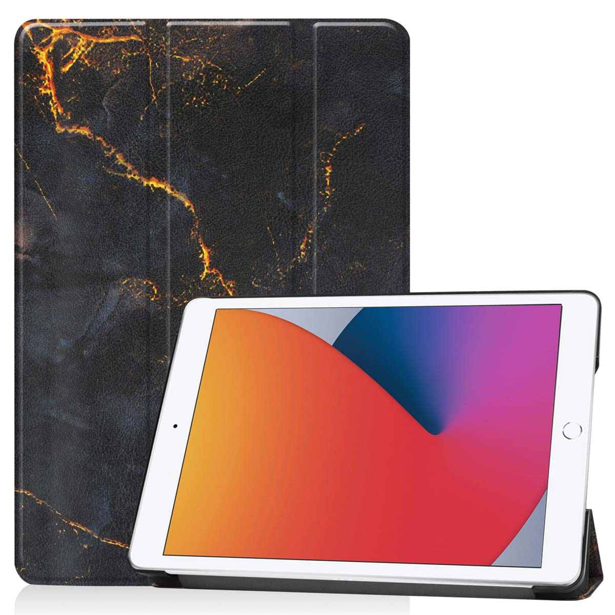 Tablette avec étui noir à motif marbre; l'écran affiche une image colorée.