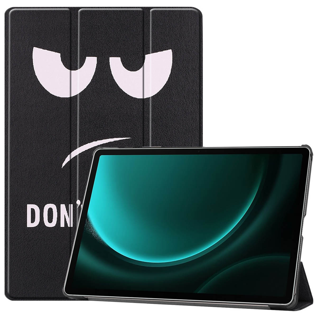 Tablet met een zwarte hoes, met een boos gezicht. De tablet is open.