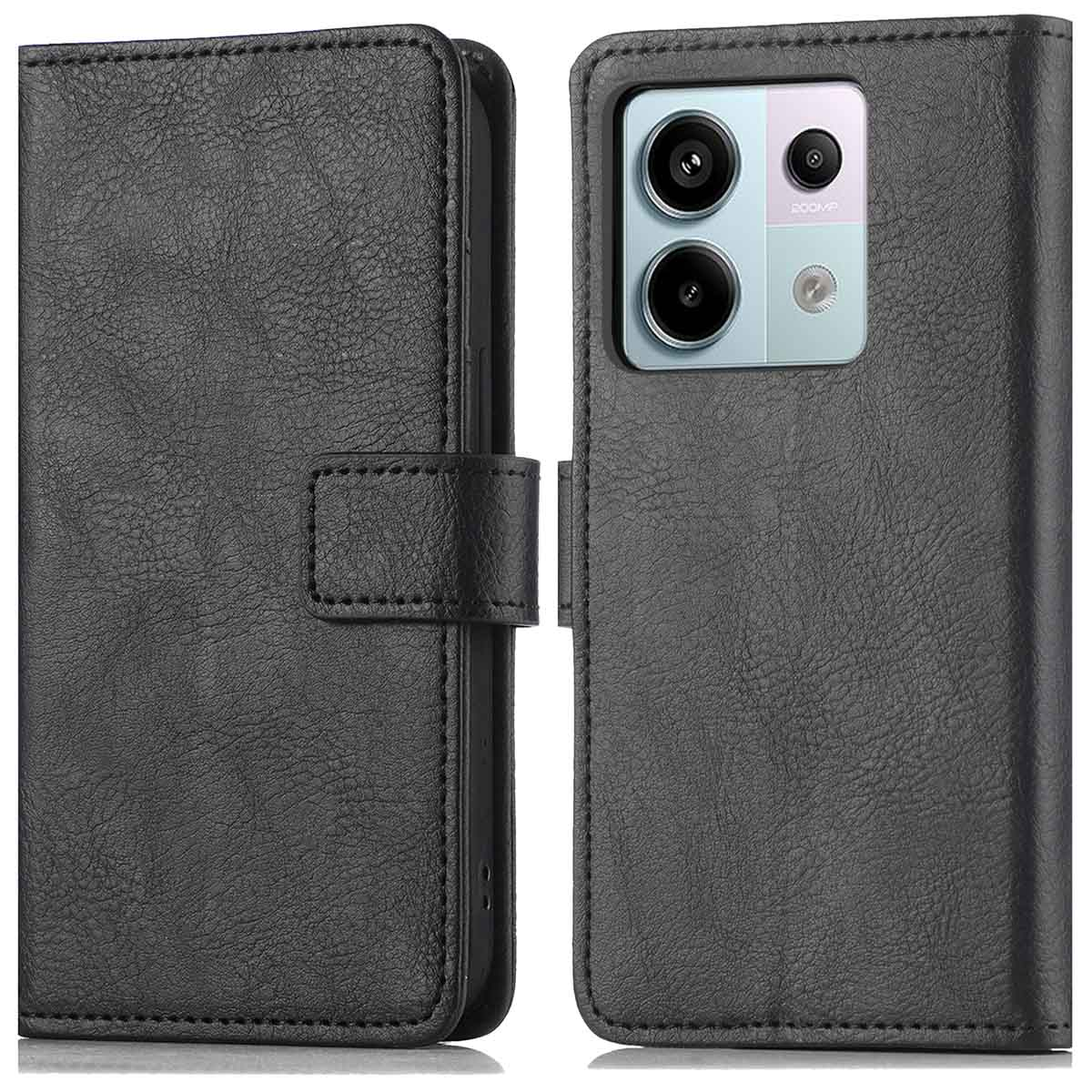 Zwarte telefoonportemonneehoes met magnetische sluiting, telefoon met meerdere camera's zichtbaar.