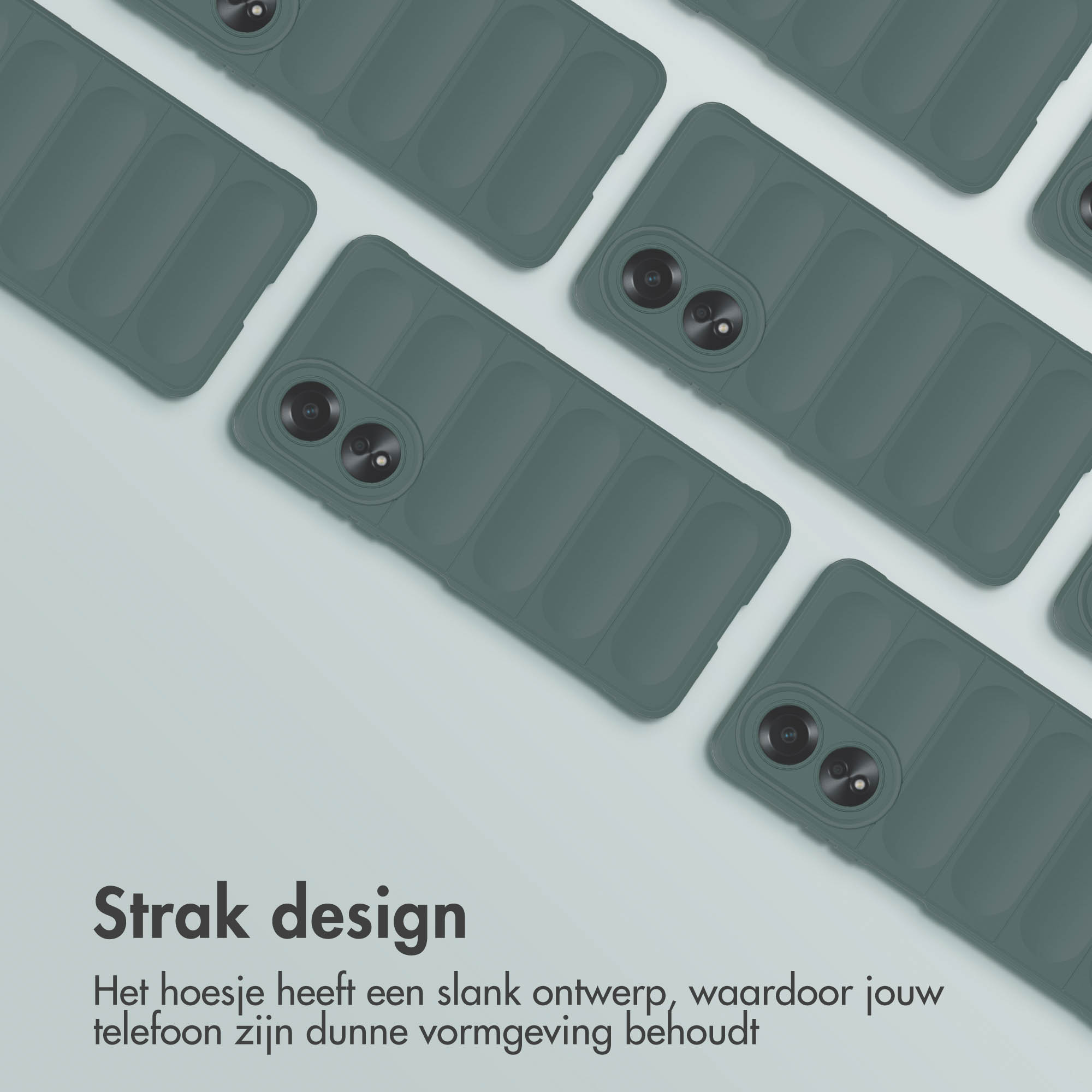 Meerdere telefoonhoesjes in een raster. Ze zijn donkergroen met een gestructureerd ontwerp. Tekst: 'Strak design'.