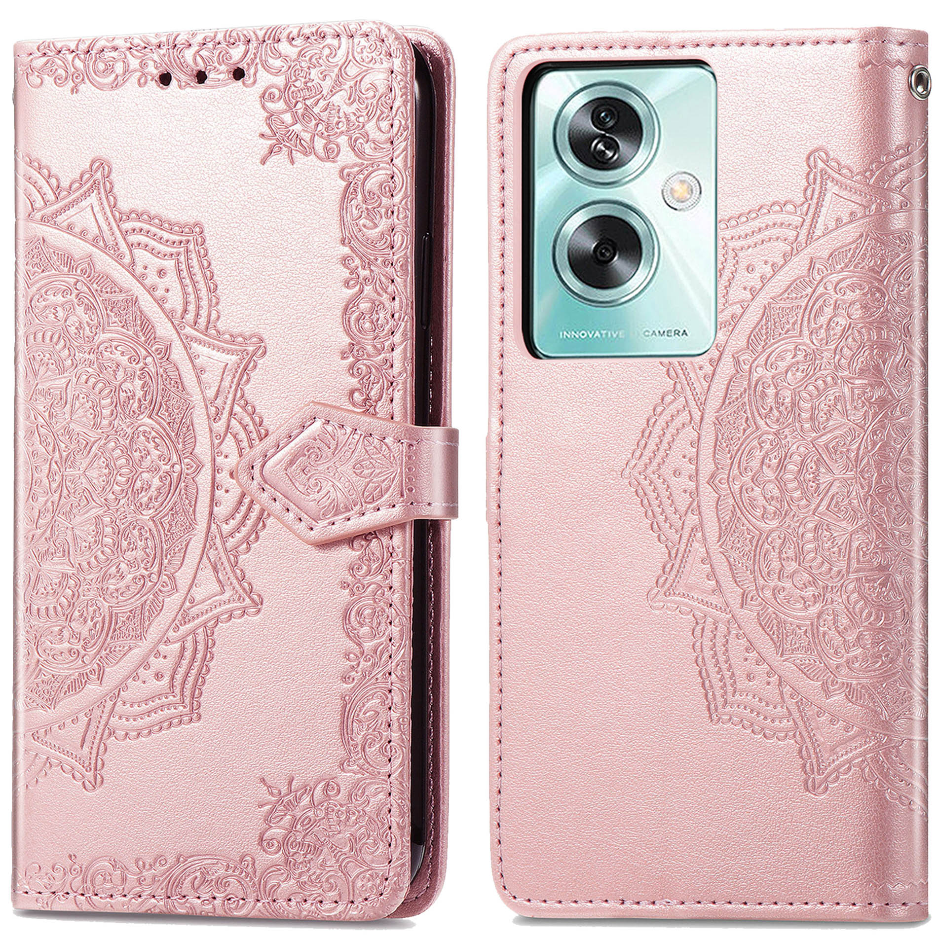 Rosa Leder-Tablethülle mit Mandala-Design, offen und geschlossen.
