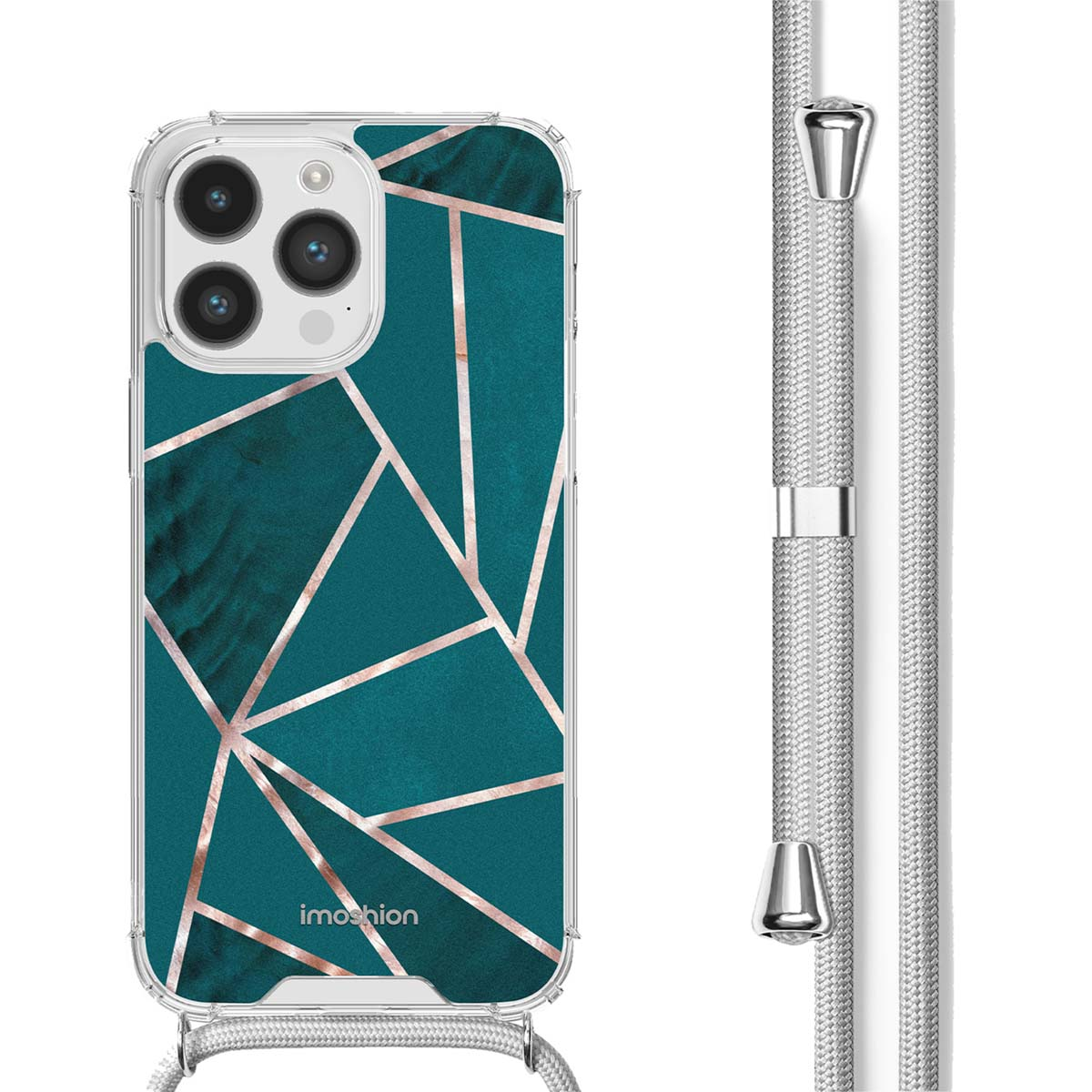 Telefoonhoesje met geometrisch design en een koord. Turquoise en goudkleuren. Witte achtergrond.