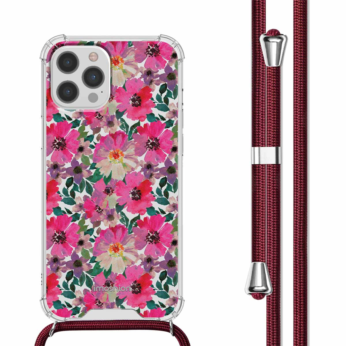 Coque de téléphone transparente avec un motif floral et un cordon bordeaux. Le cordon est attaché.