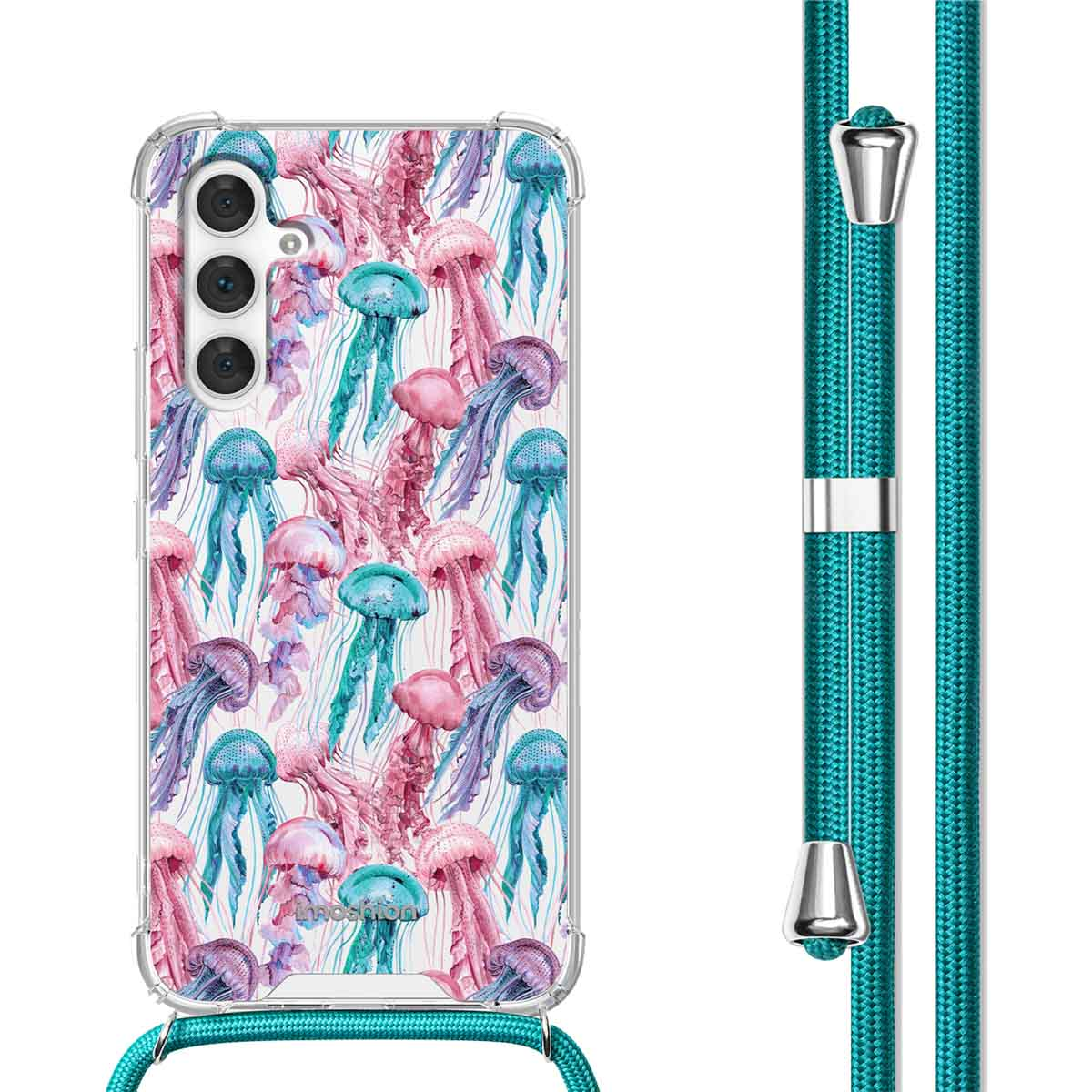 Transparante telefoonhoes met een kleurrijk kwallenpatroon. Een turquoise koord is bevestigd.