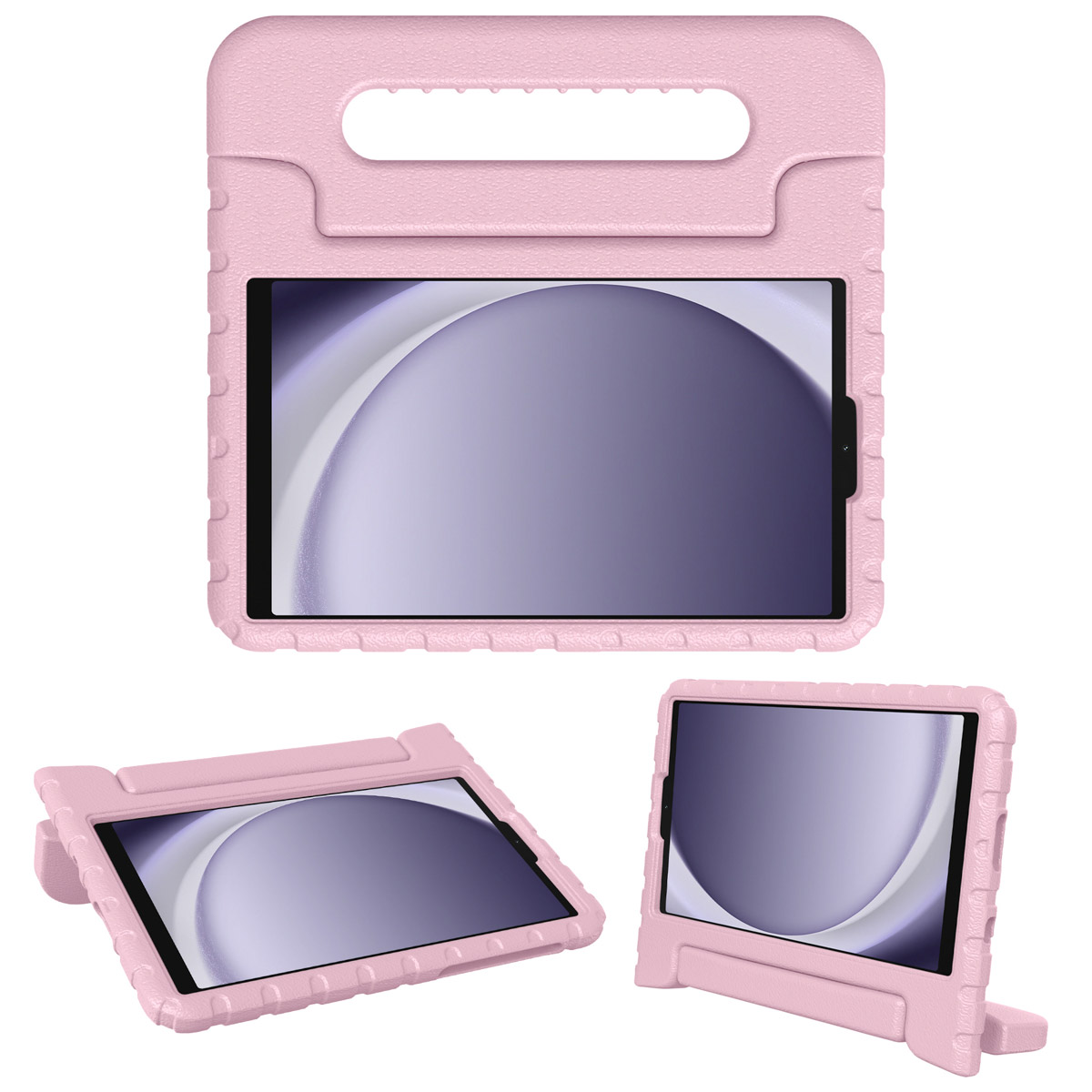 Roze tablethoes met handvat en standaard. Drie aanzichten van de tablet in de hoes worden getoond.