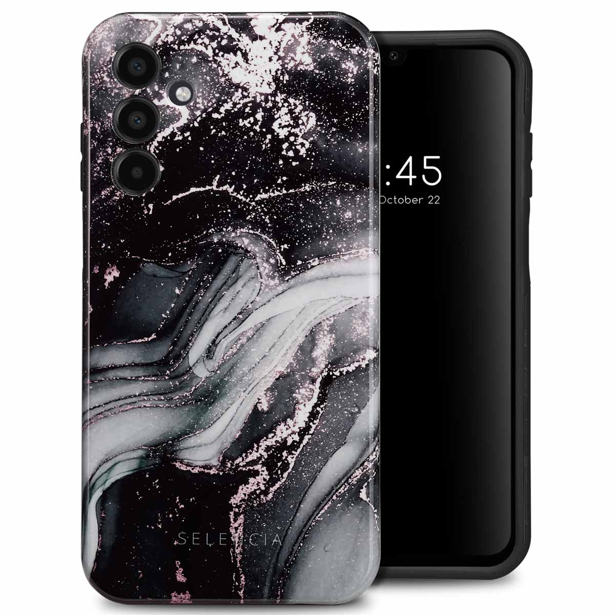Zwarte telefoon met een marmerpatroon hoesje, met de tijd.