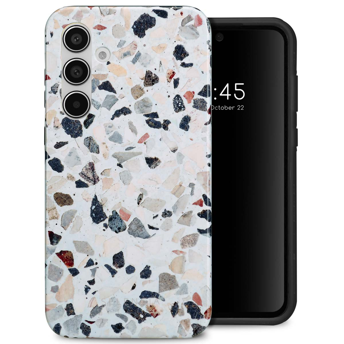 Telefoon met terrazzo hoesje, naast telefoon met de tijd.