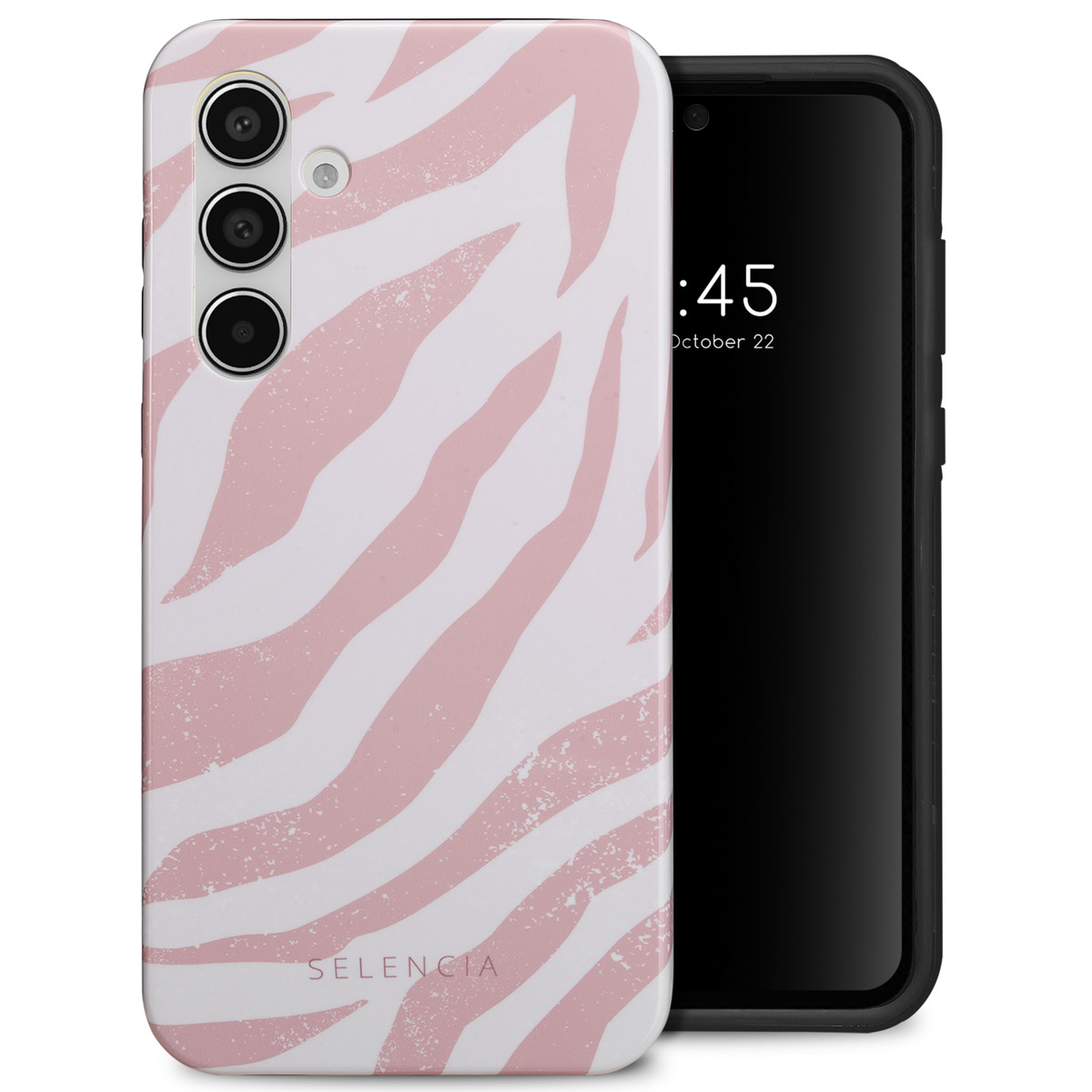 Een telefoonhoesje met een witte achtergrond en roze zebra strepen. Camera en scherm zijn zichtbaar.