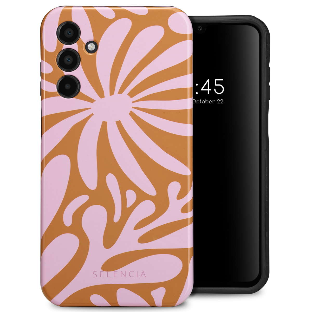Telefoonhoesje met een bloemenpatroon in oranje en roze.