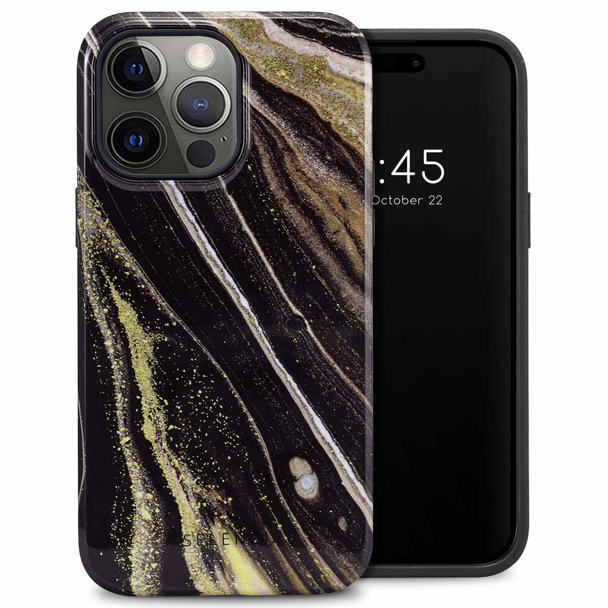 Zwarte telefoon met een marmerpatroon hoesje, met de tijd.
