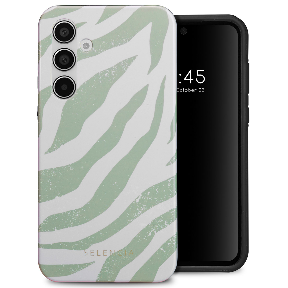 Telefoon met wit-groene zebraprint hoesje. Zwarte telefoon geeft de tijd weer. SELENCIA-logo is zichtbaar.