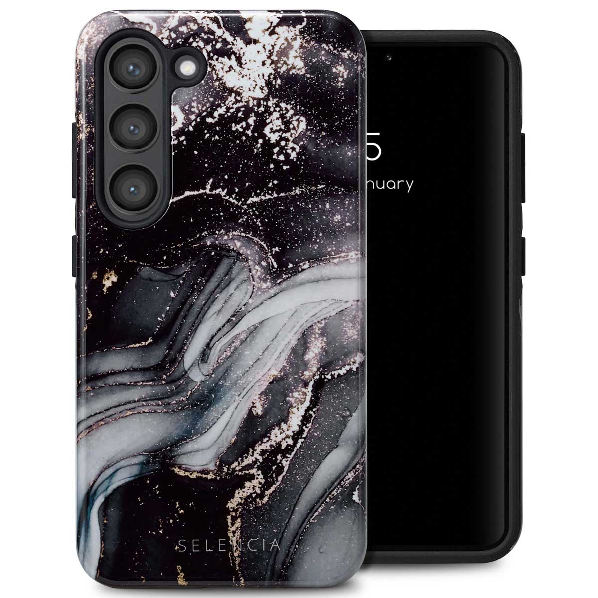Téléphone avec coque noire et marbrée. Téléphone à droite. Logo Selencia en bas.