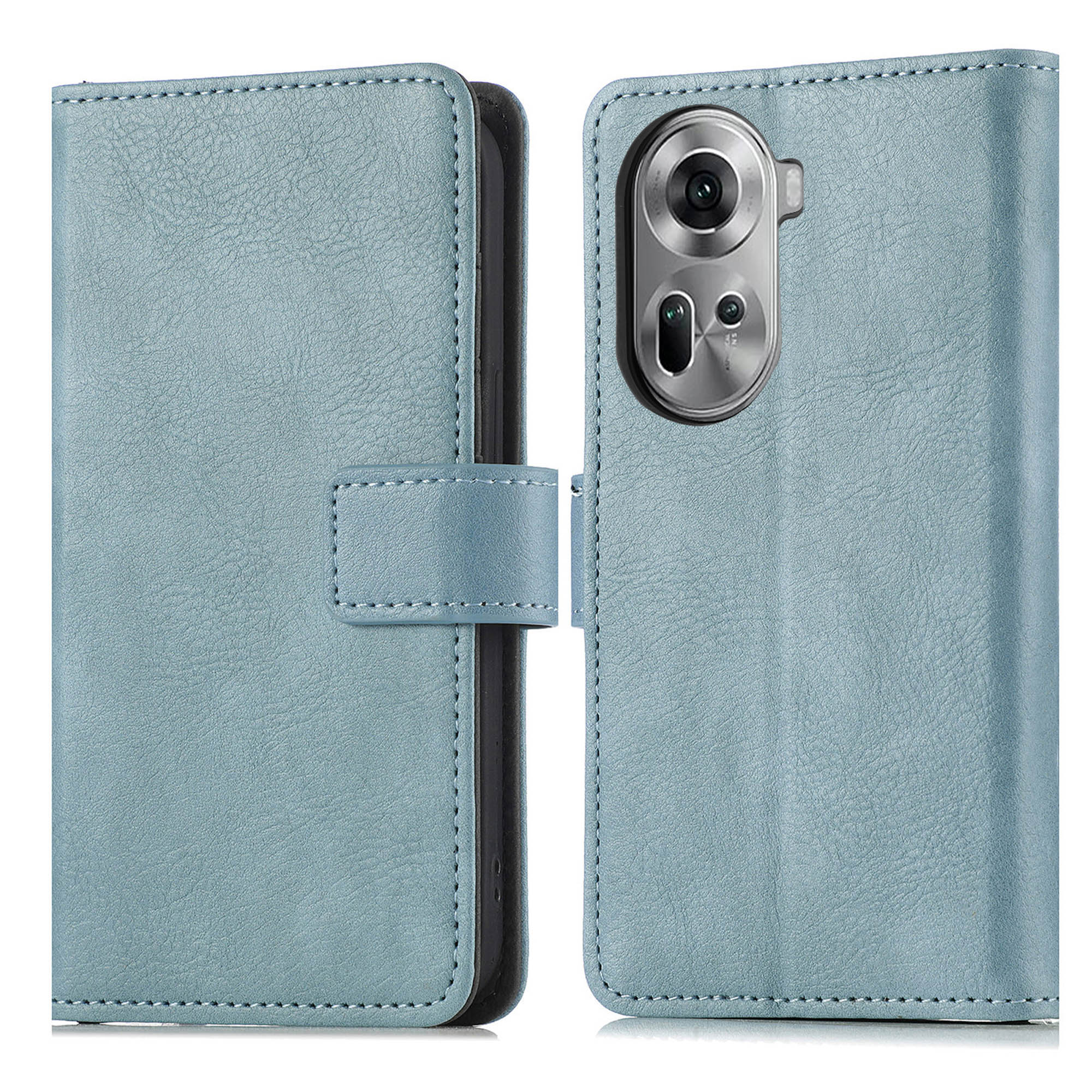 Étui portefeuille bleu pour téléphone avec fermoir magnétique, téléphone avec caméra visible. Texture cuir visible.