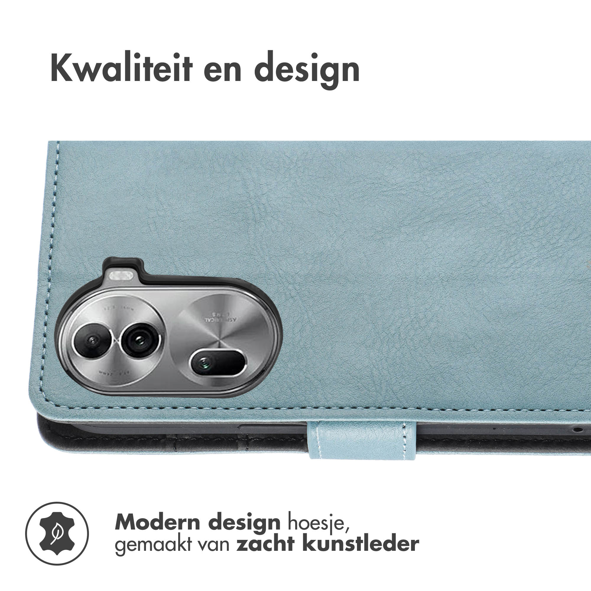 Gros plan de l'étui du téléphone, bleu clair. Texte : Qualité et design. Fond blanc.