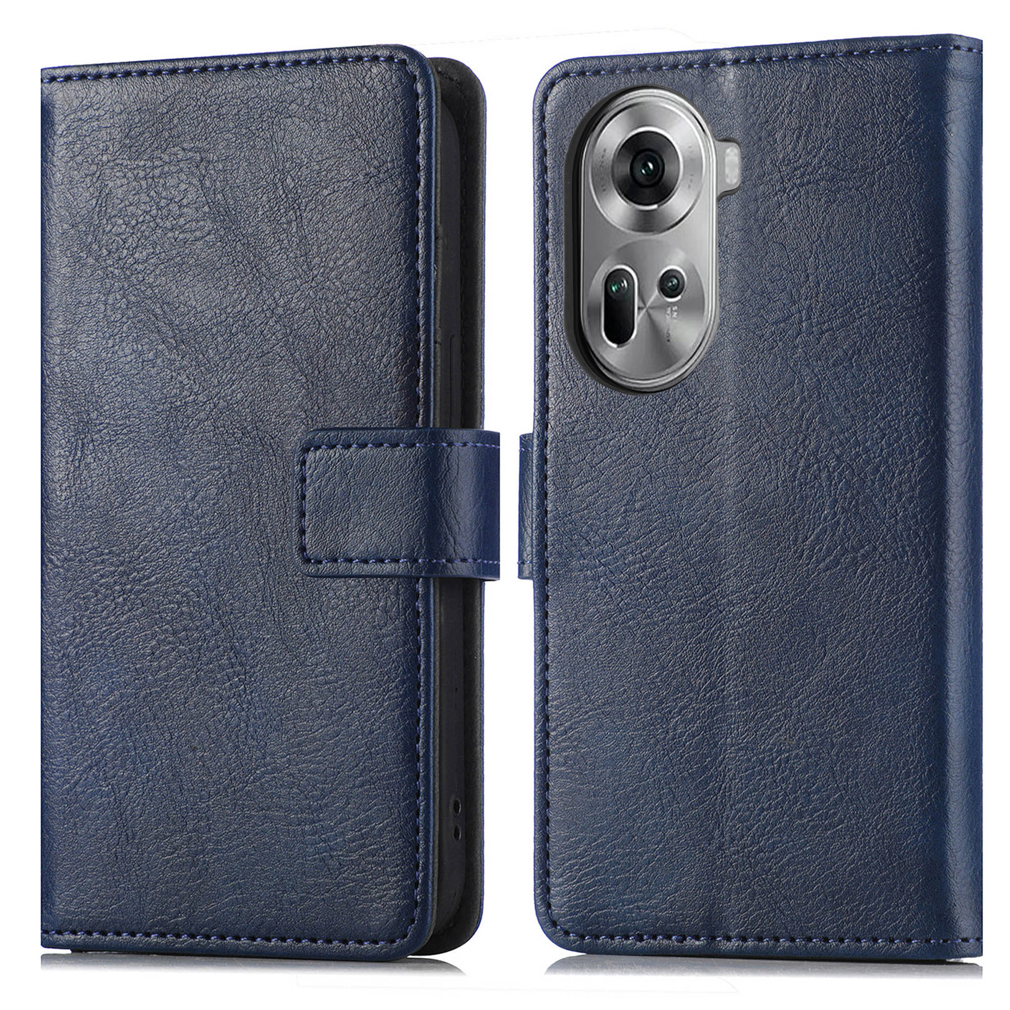 Blauwe leren telefoonhoes, open, met telefoon. Met magnetische sluiting.