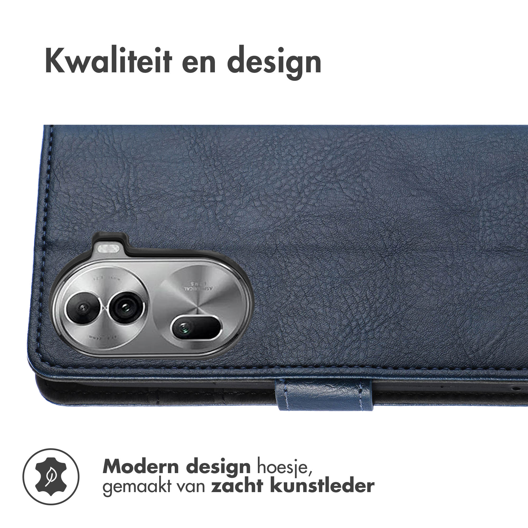 Blauwe telefoonhoes, close-up op cameralenzen. Tekst: 'Modern design' en 'zacht kunstleer'.