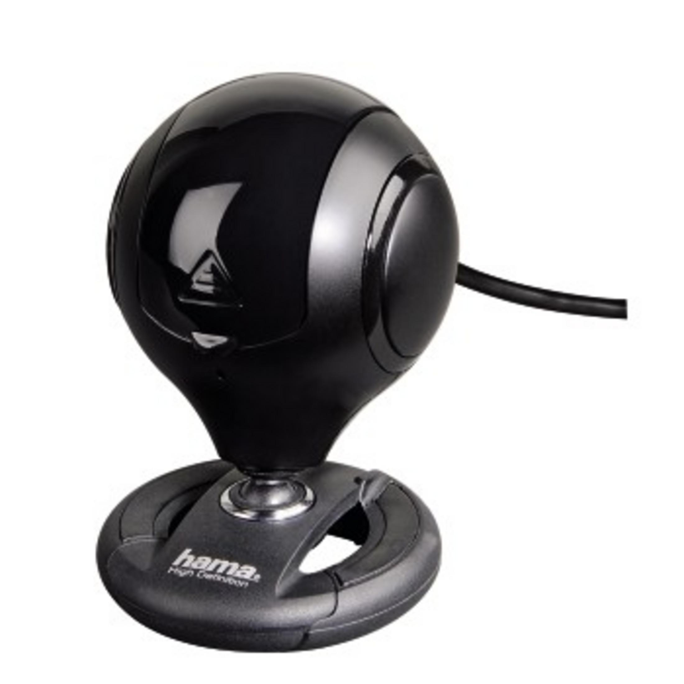 Una webcam nera con un design arrotondato e una base nera.